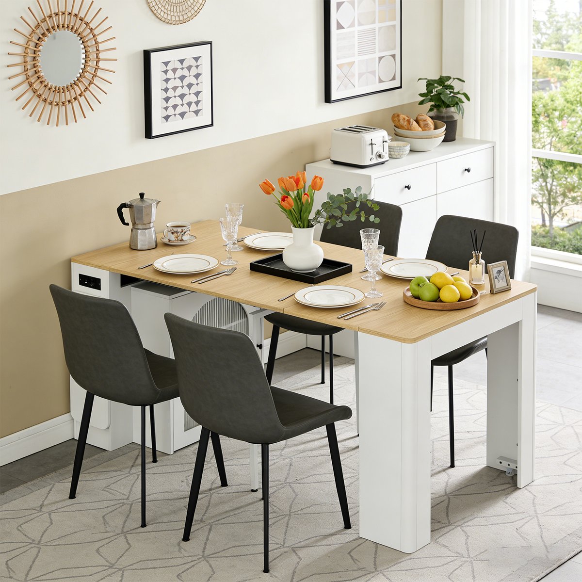 Table à manger extensible à allonge papillon intégrée, ELMOC chêne, MEUBLES COSY