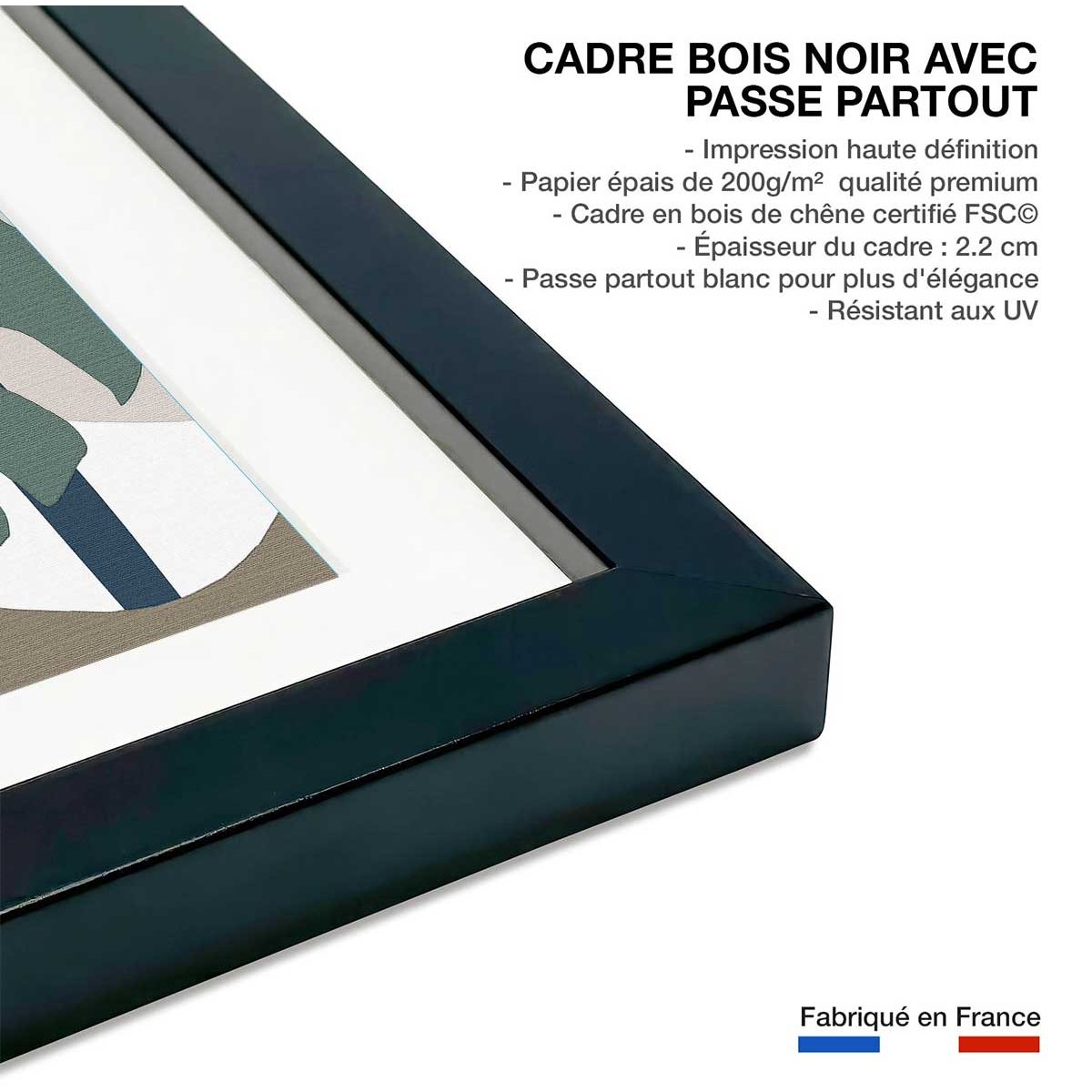 Affiche Monstera effet tissé affiche + cadre en bois - noir, HEXOA