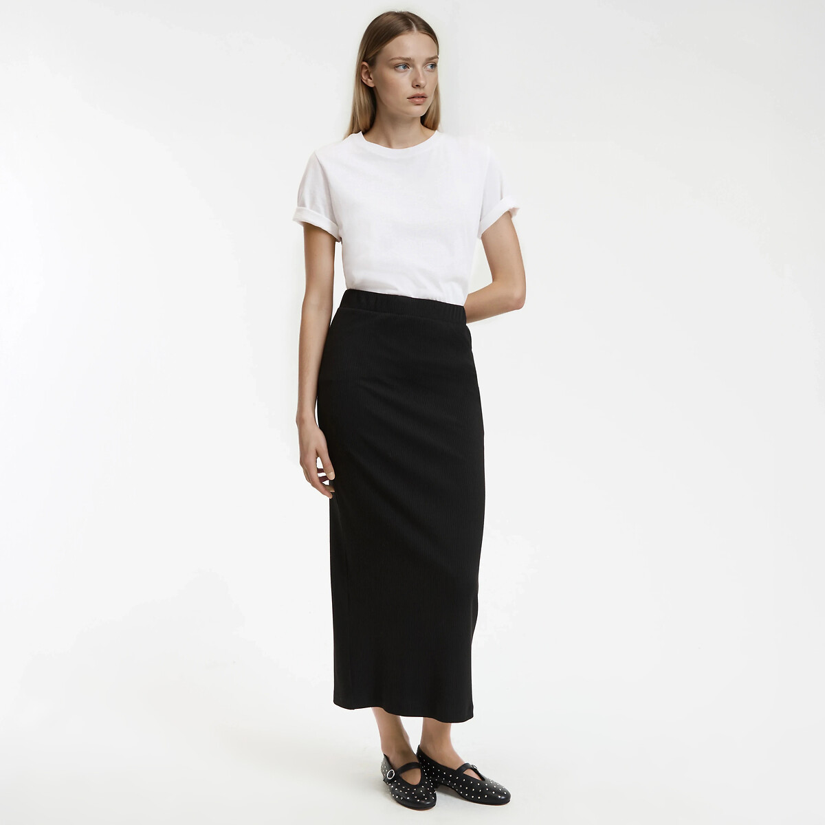 Falda lápiz larga, punto de canalé negro, LA REDOUTE COLLECTIONS