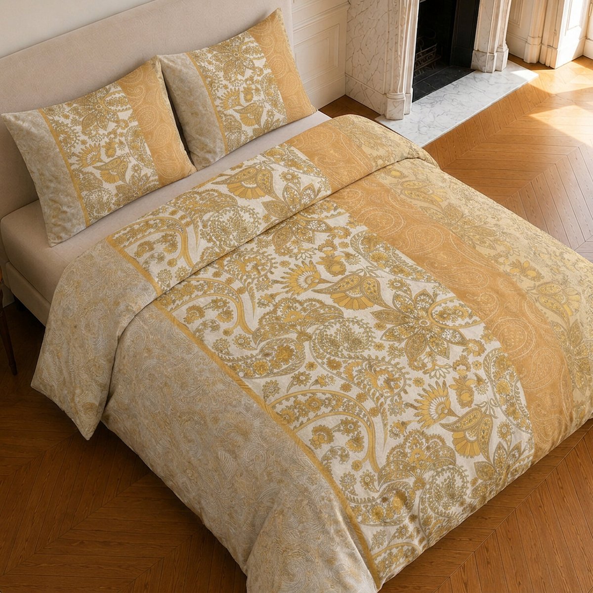 Parure de lit en coton motif floral, BOMBAY jaune, C DESIGN HOME TEXTILE