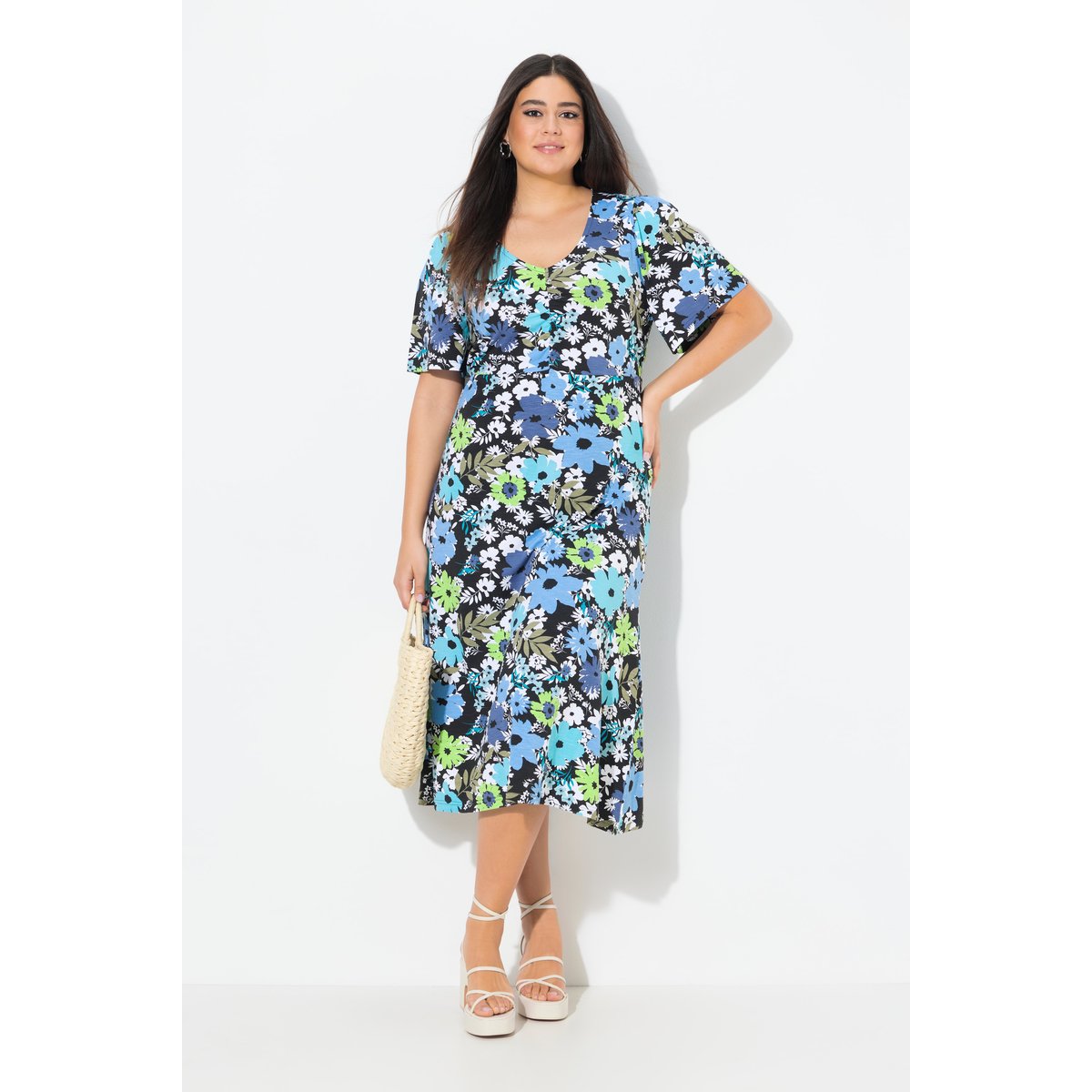 Robe midi en jersey. Décolleté V et manches noir, ULLA POPKEN