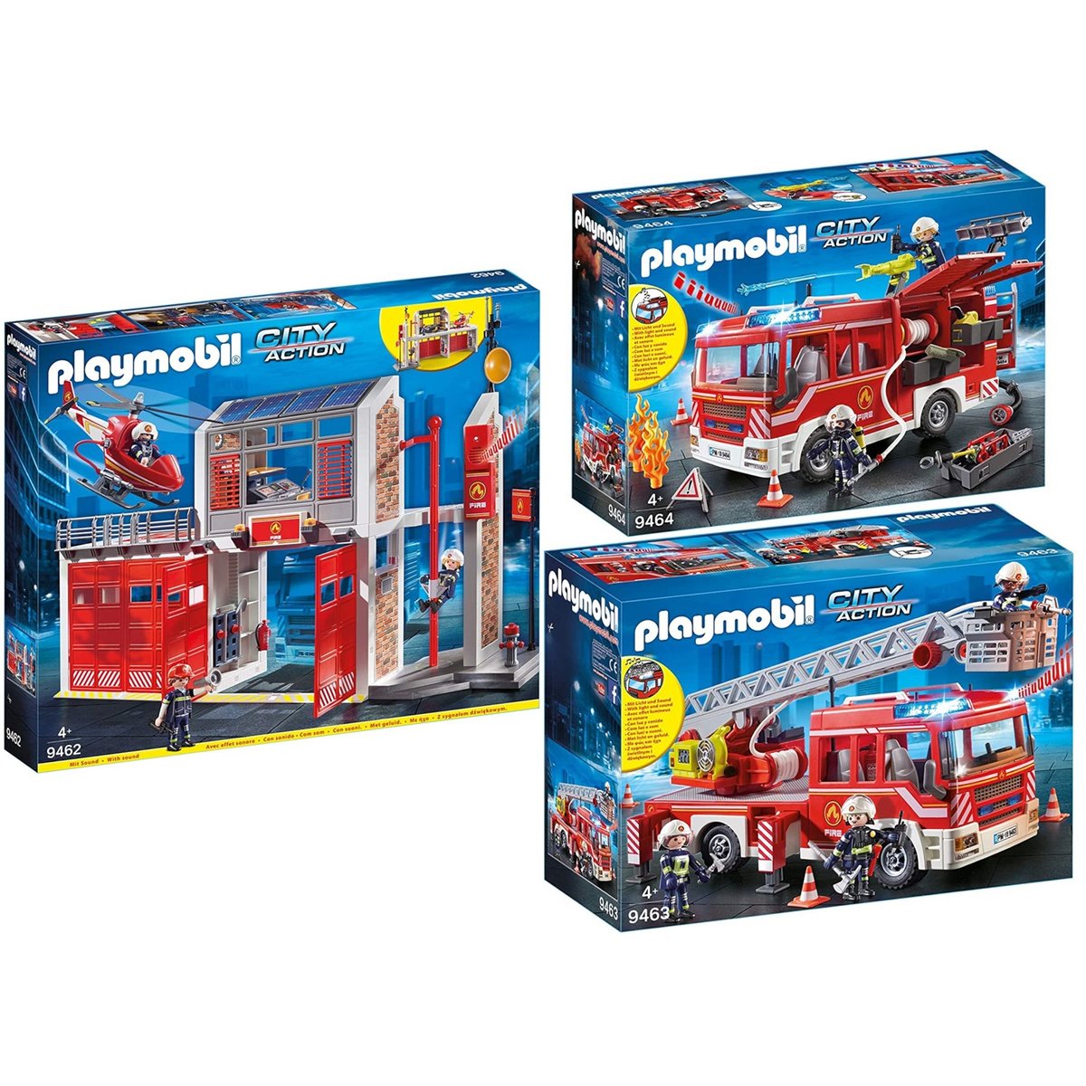 Set de 3 : caserne de pompiers + camion à échelle + véhicule de secours multicolore, PLAYMOBIL