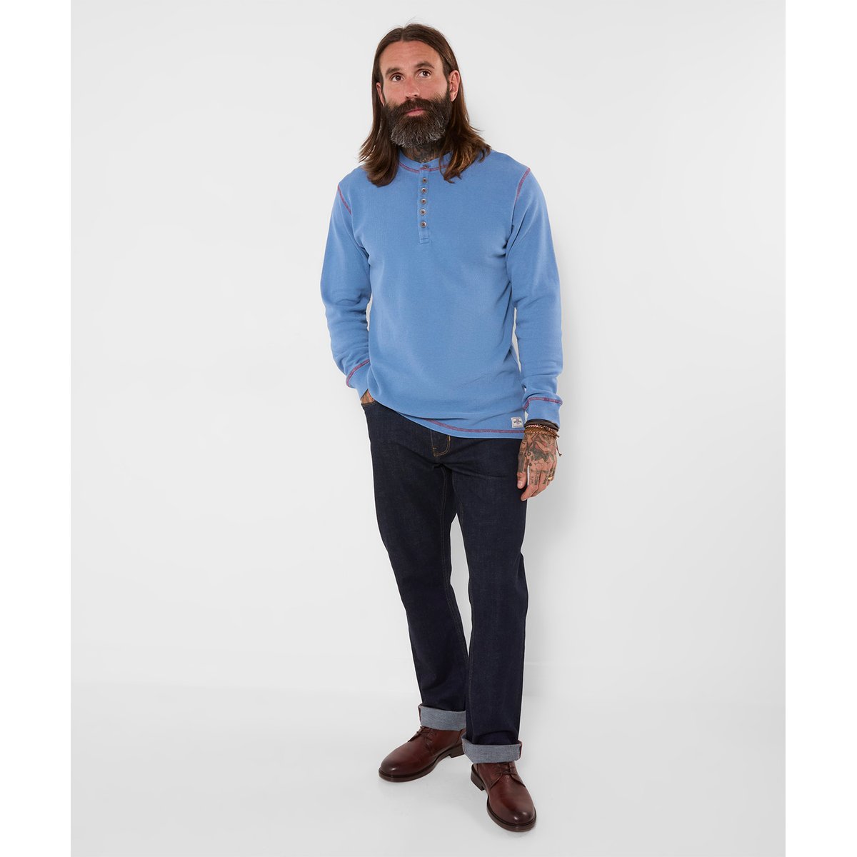 Superbe Henley en Maille Gaufrée bleu, JOE BROWNS
