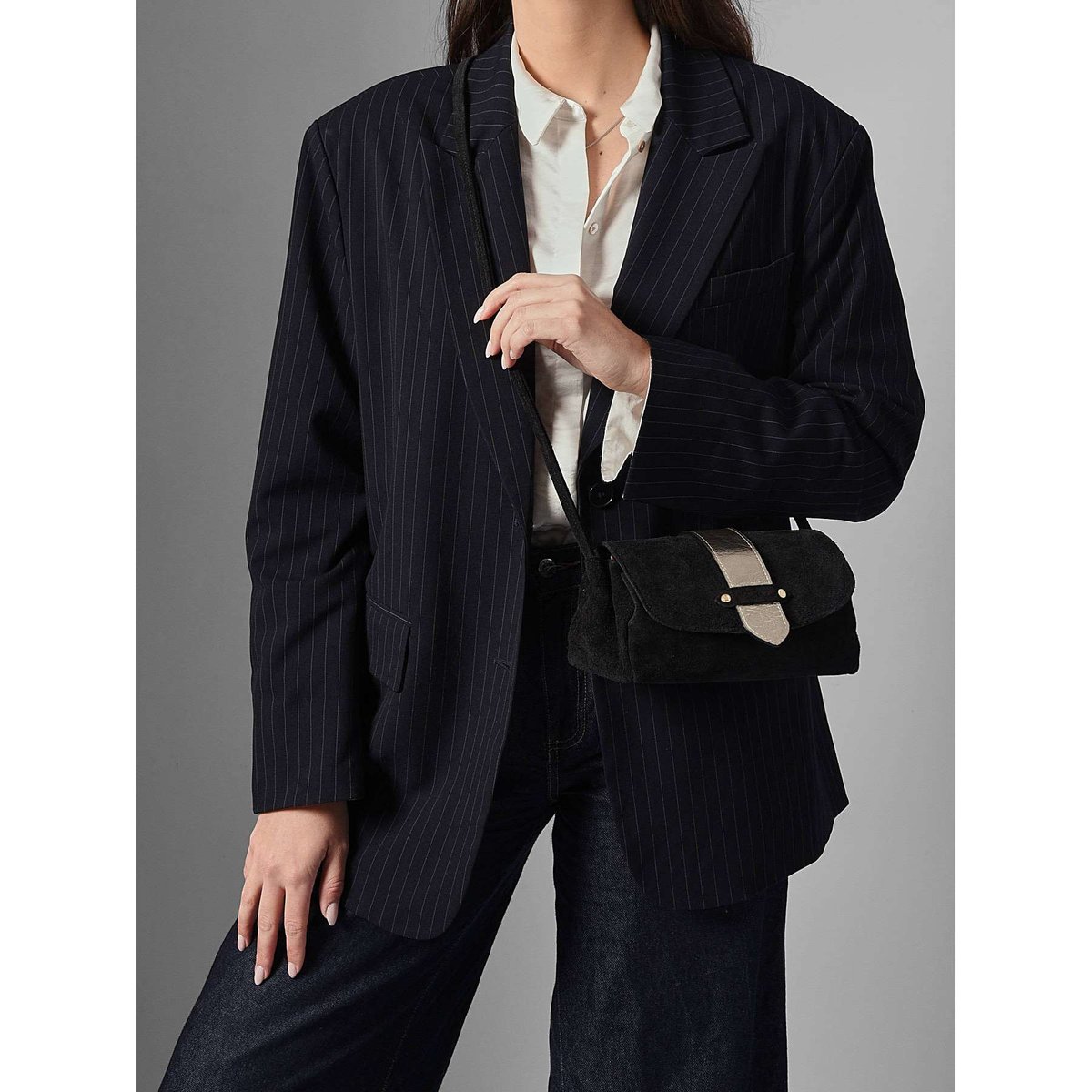 Sac bandoulière S Agnes cuir velours noir, ETRIER
