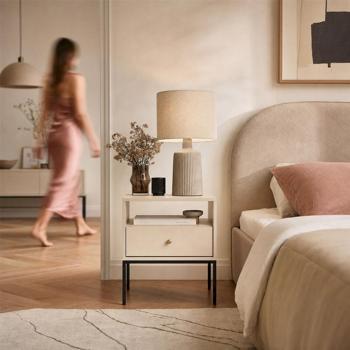 Table de chevet bois collection MONNE beige et noir, RECOLLECTION