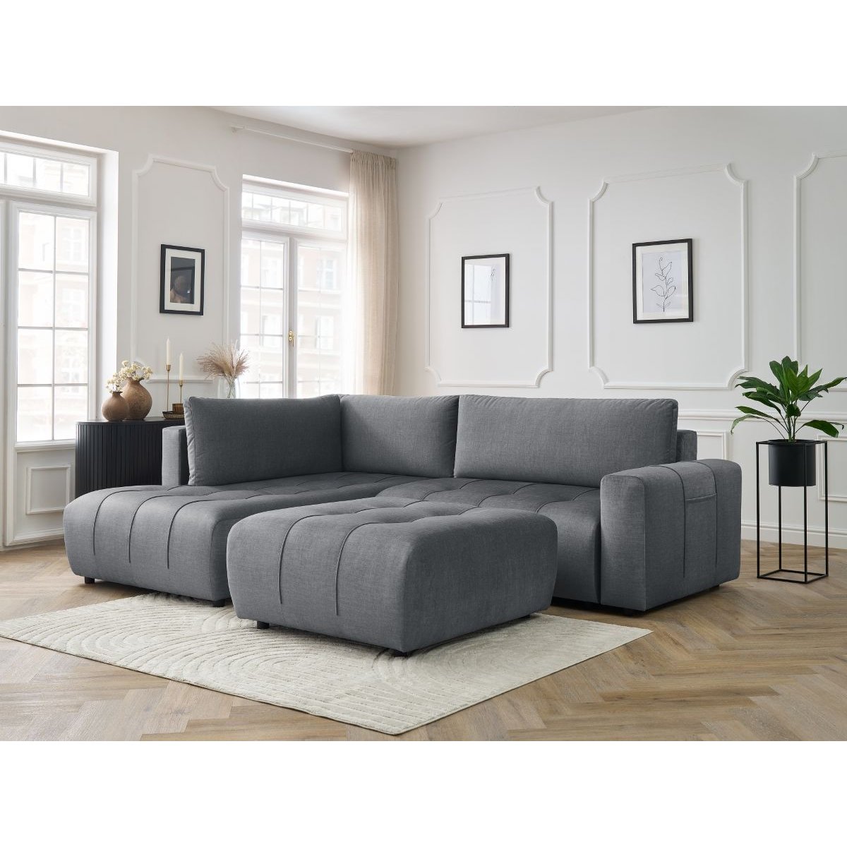 Canapé d'angle convertible 4 places en velours avec pouf, ARSENE gris foncé, BOBOCHIC