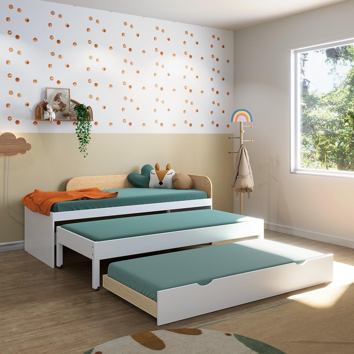 Lit gigogne 3 places Bois massif NOHA blanc, AKITEN RETAIL
