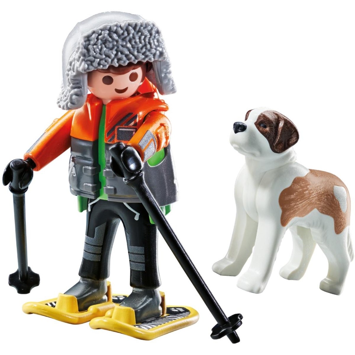 Jeune garçon en raquettes avec son Saint Bernard multicolore, PLAYMOBIL
