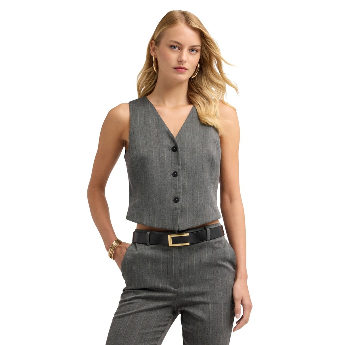 Gilet à fines rayures simple boutonnage gris, MOTIVI