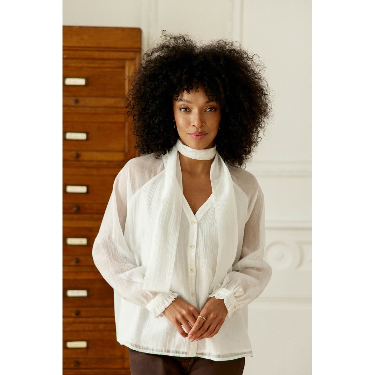 Blouse manches longues col v uni BERTINO 11-ecru, LA PETITE ETOILE