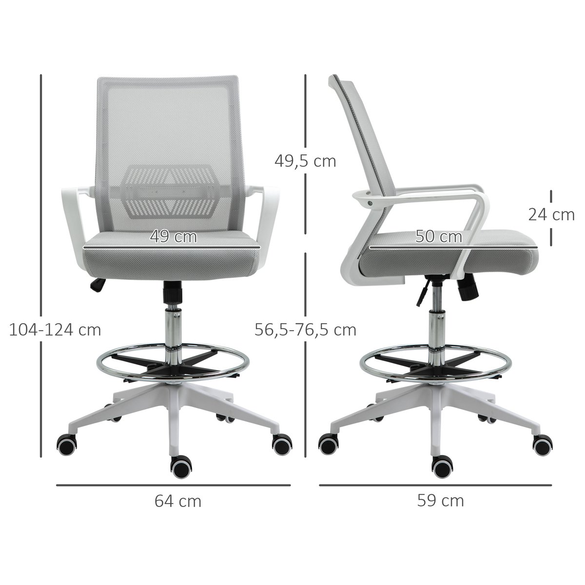 Chaise de bureau pour poste de travail debout gris et blanc, HOMCOM