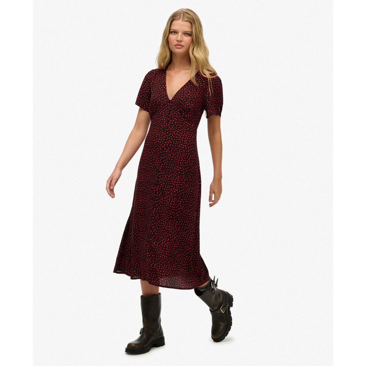 Robe mi-longue imprimée boutonnée à manches courtes cœurs rouges, SUPERDRY