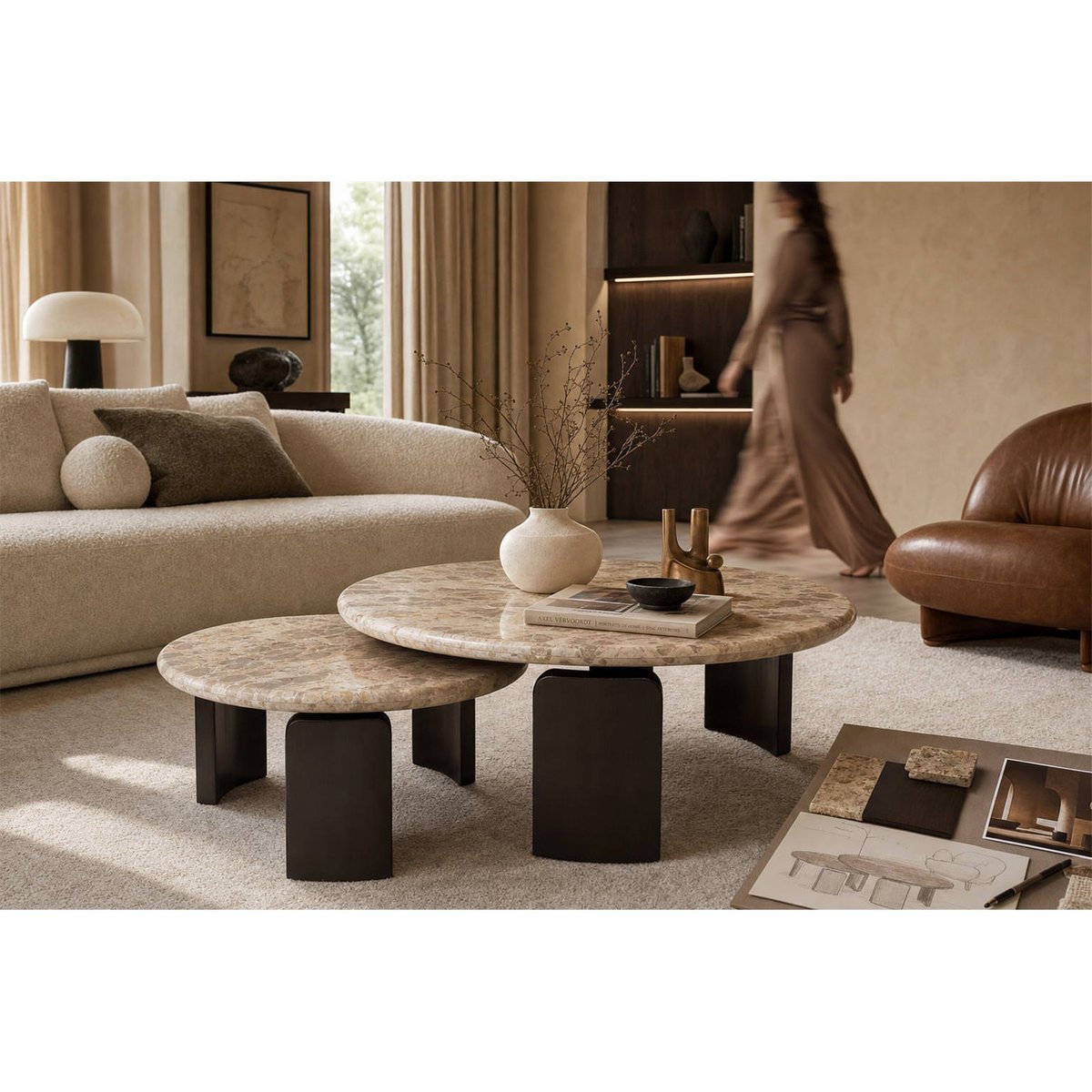 Tables basses gigognes en marbre, Lot de 2 bronze, RECOLLECTION