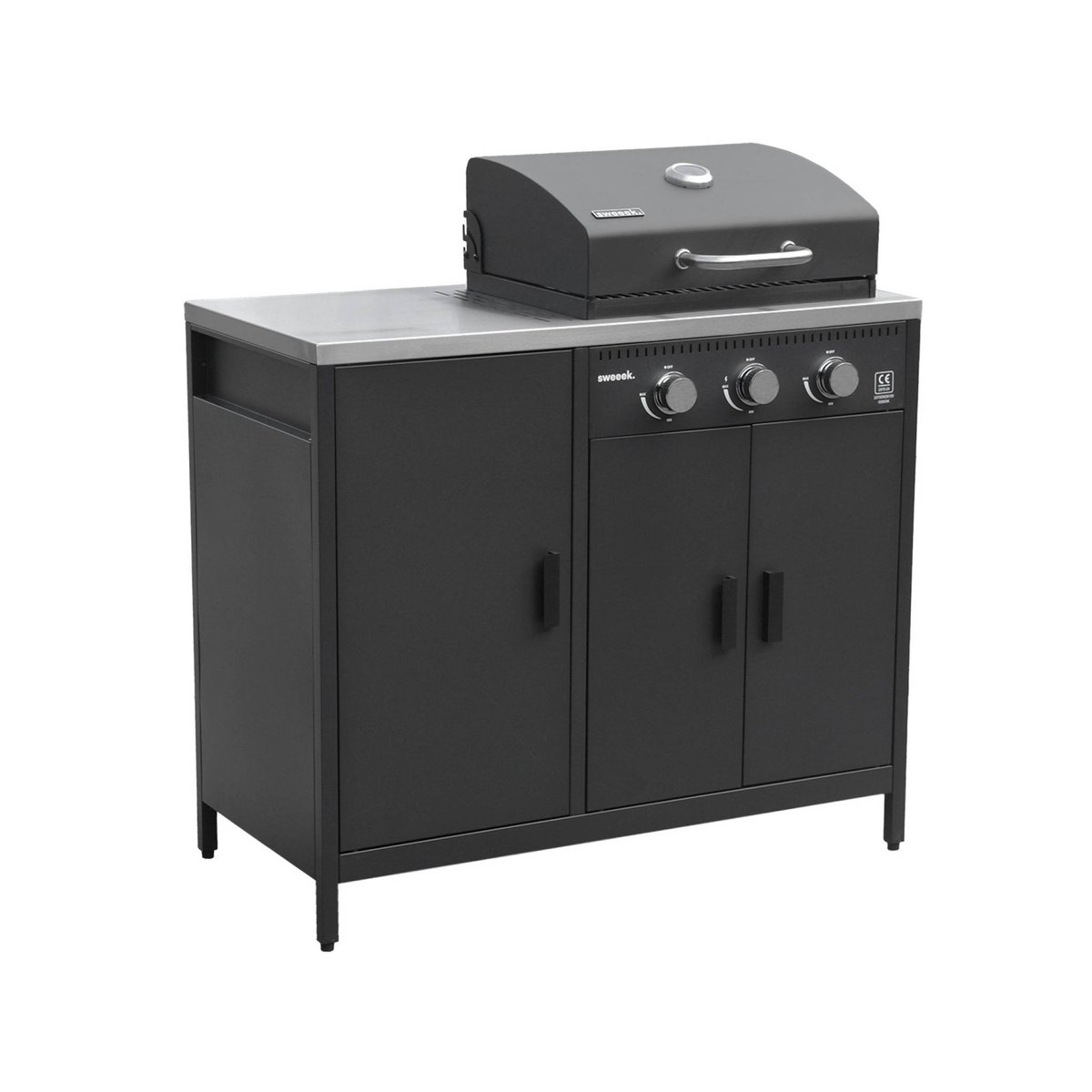 Cuisine d'extérieure 2 modules avec barbecue gaz 3 brûleurs sur pieds, thermomètre NAXOS BARBECUE GAZ + 1 MODULE noir, SWEEEK