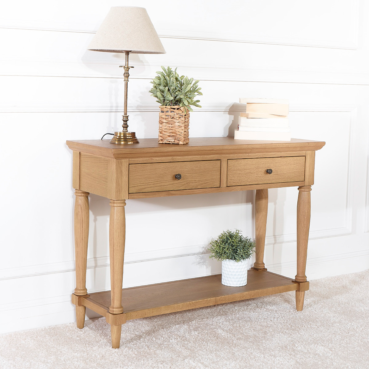 Console style shabby chic en chêne, 2 tiroirs EDINBURGH marron, ROBIN DES BOIS
