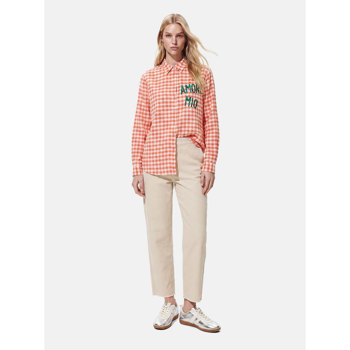 Camicia a quadri con scritta sul petto quadri rosso, PIECES