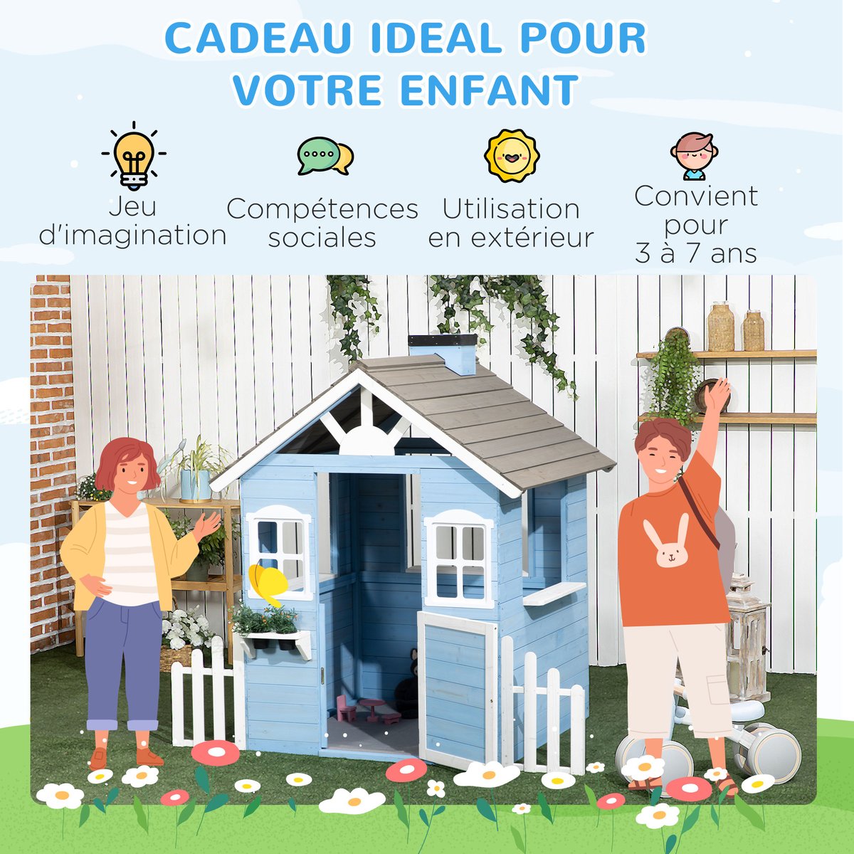 Maisonnette pour enfants Bois de sapin Bleu bleu, OUTSUNNY