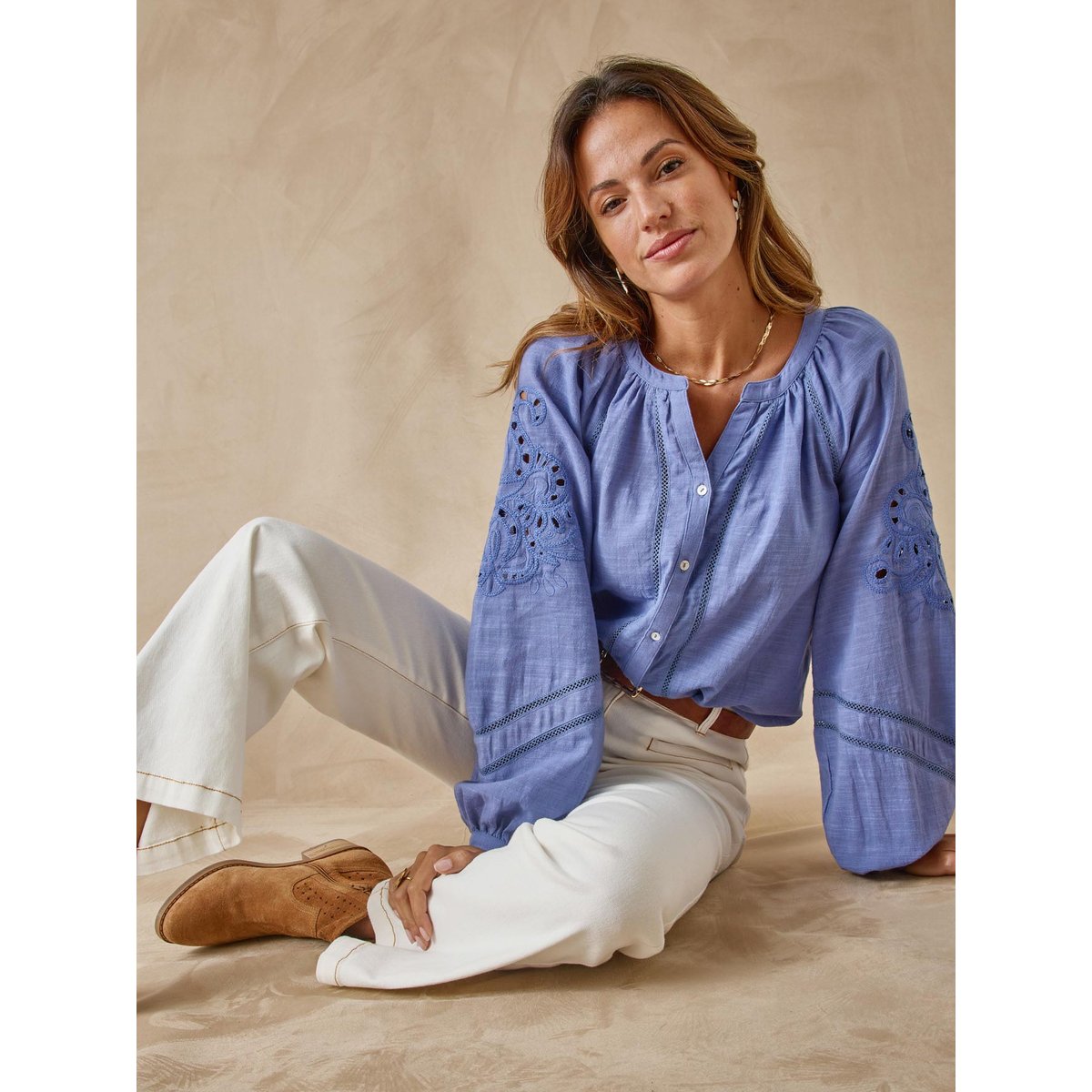 Blouse manches brodées femme bleu jean, DAXON