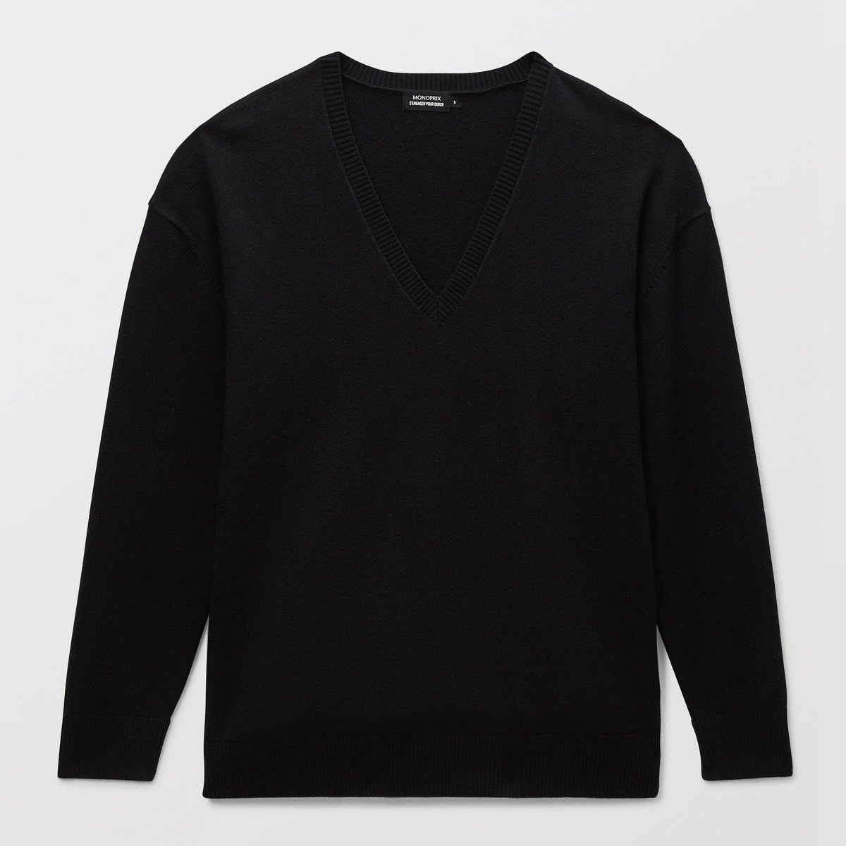 Pull long col V contenant de l'alpaga noir, MONOPRIX
