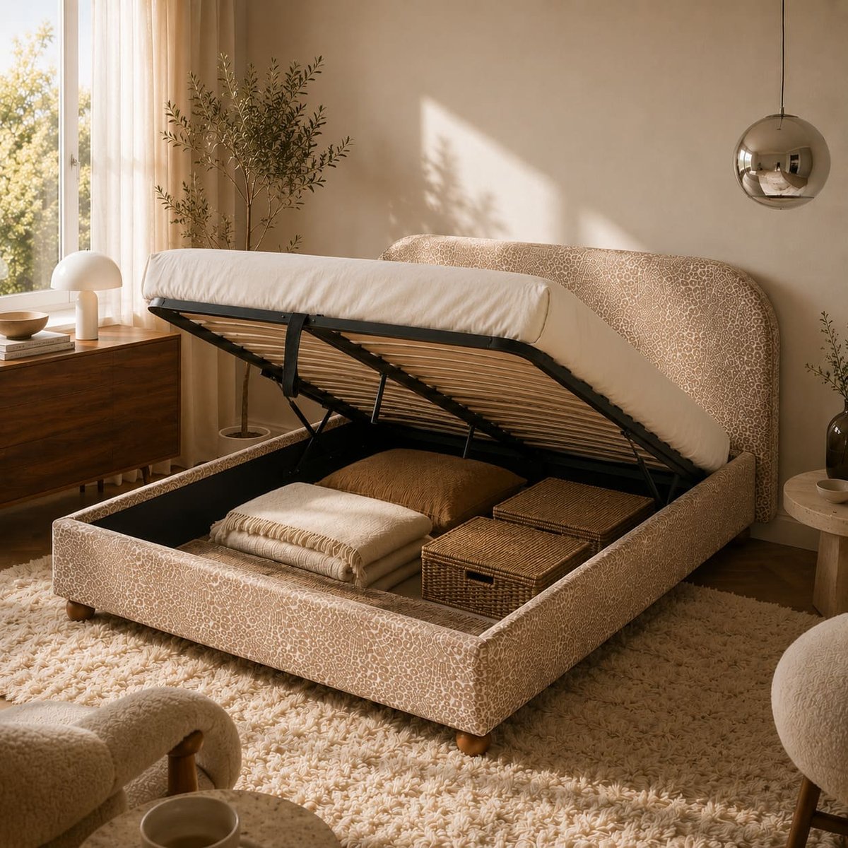Lit coffre avec sommier relevable PILKA beige, SORELH
