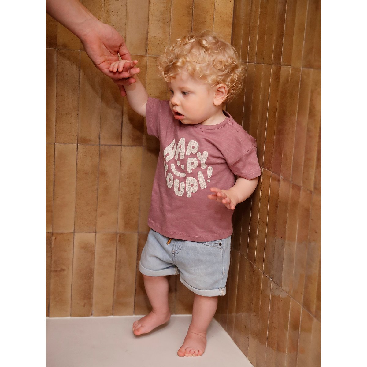 T-Shirt "Happy Youpi" bébé manches courtes en coton bio violet, VERTBAUDET