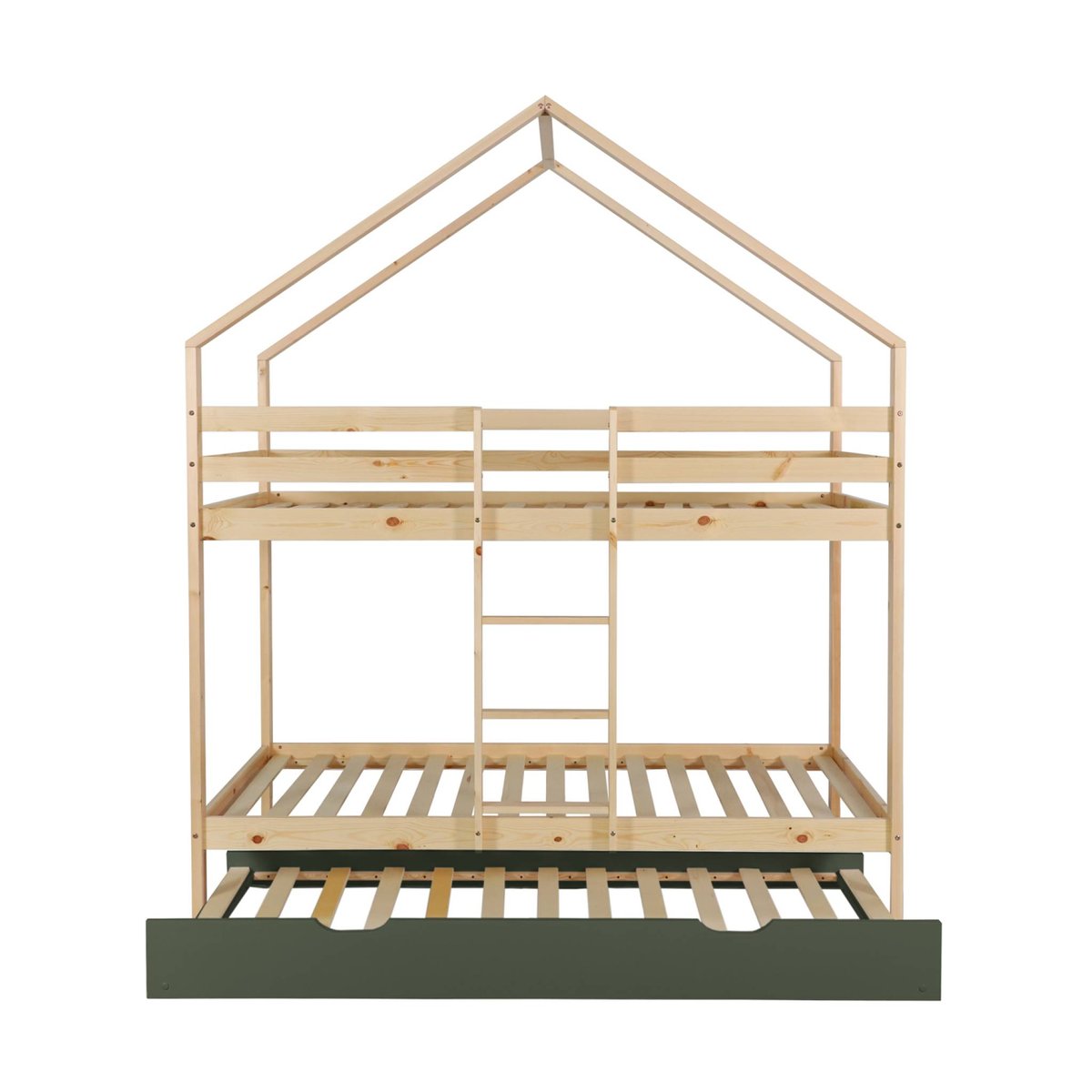 Lit enfant superposé cabane 90 x 190 cm pin naturel avec lit tiroir ROYA blanc, SWEEEK
