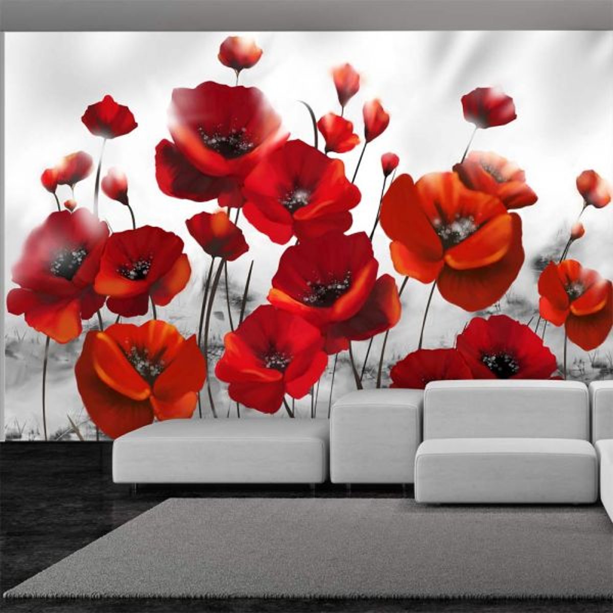 Papier peint intissé panoramique Fleurs Coquelicots dans au clair de lune blanc, EDEN