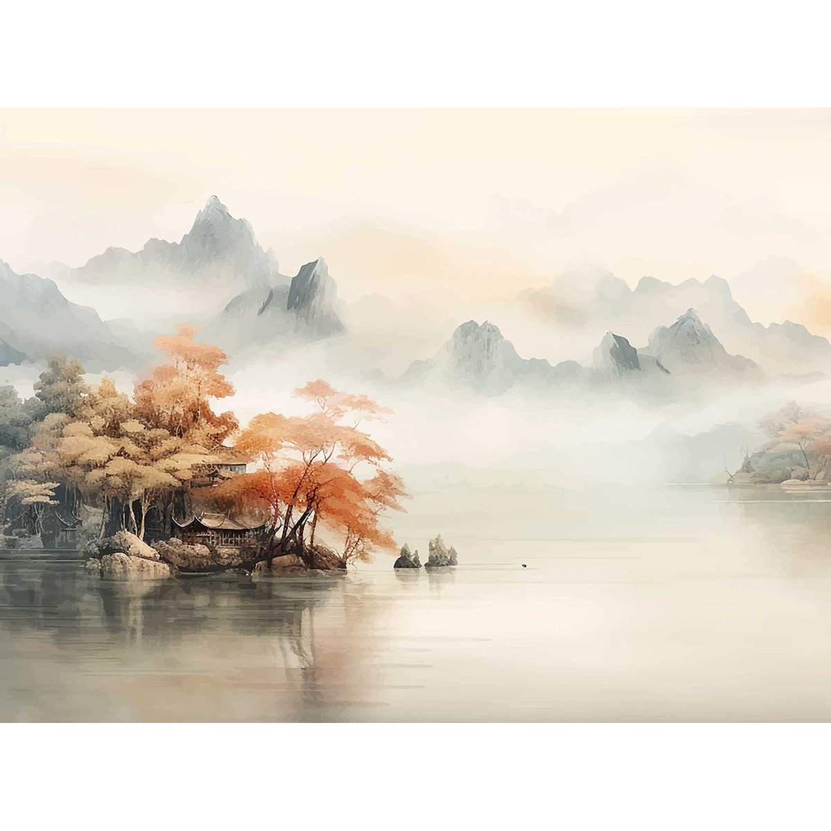 Papier peint panoramique paysage asiatique orange, HEXOA