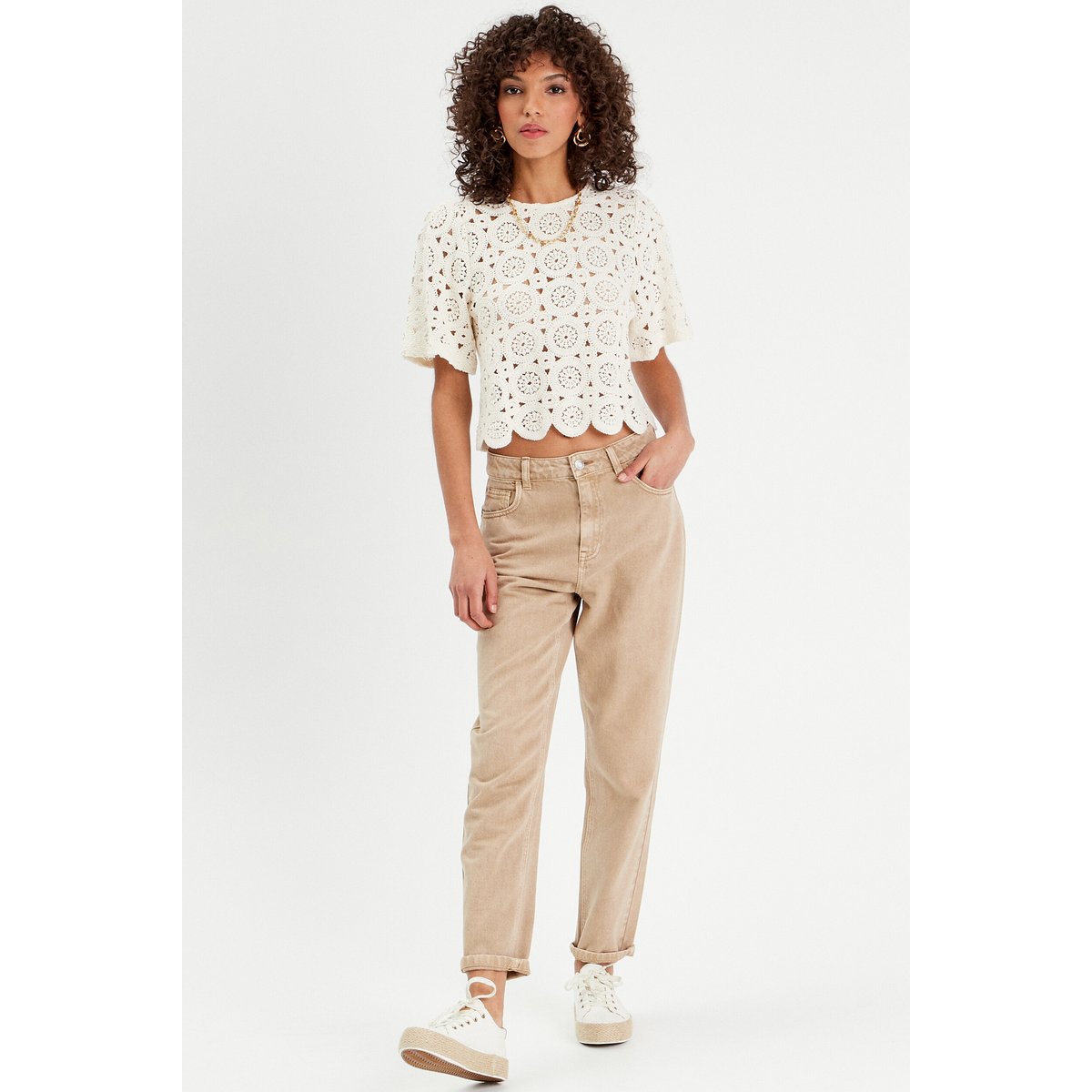 T-shirt macramé col rond ecru, CACHE CACHE