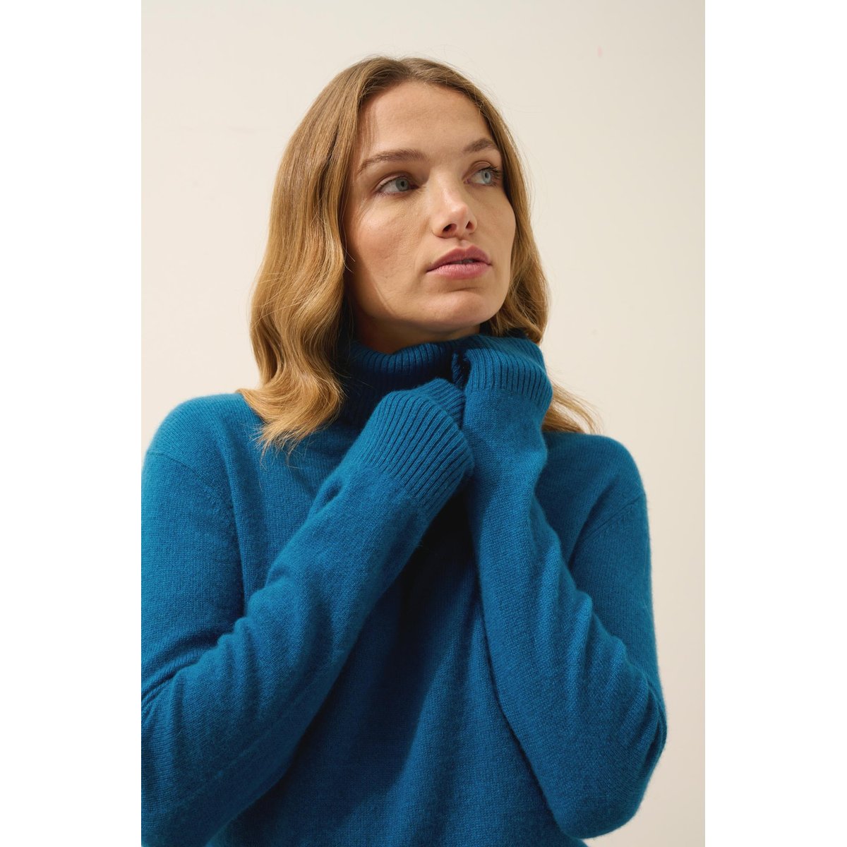 Pull Col Roulé Paon Lexie bleu vert, JUST CASHMERE