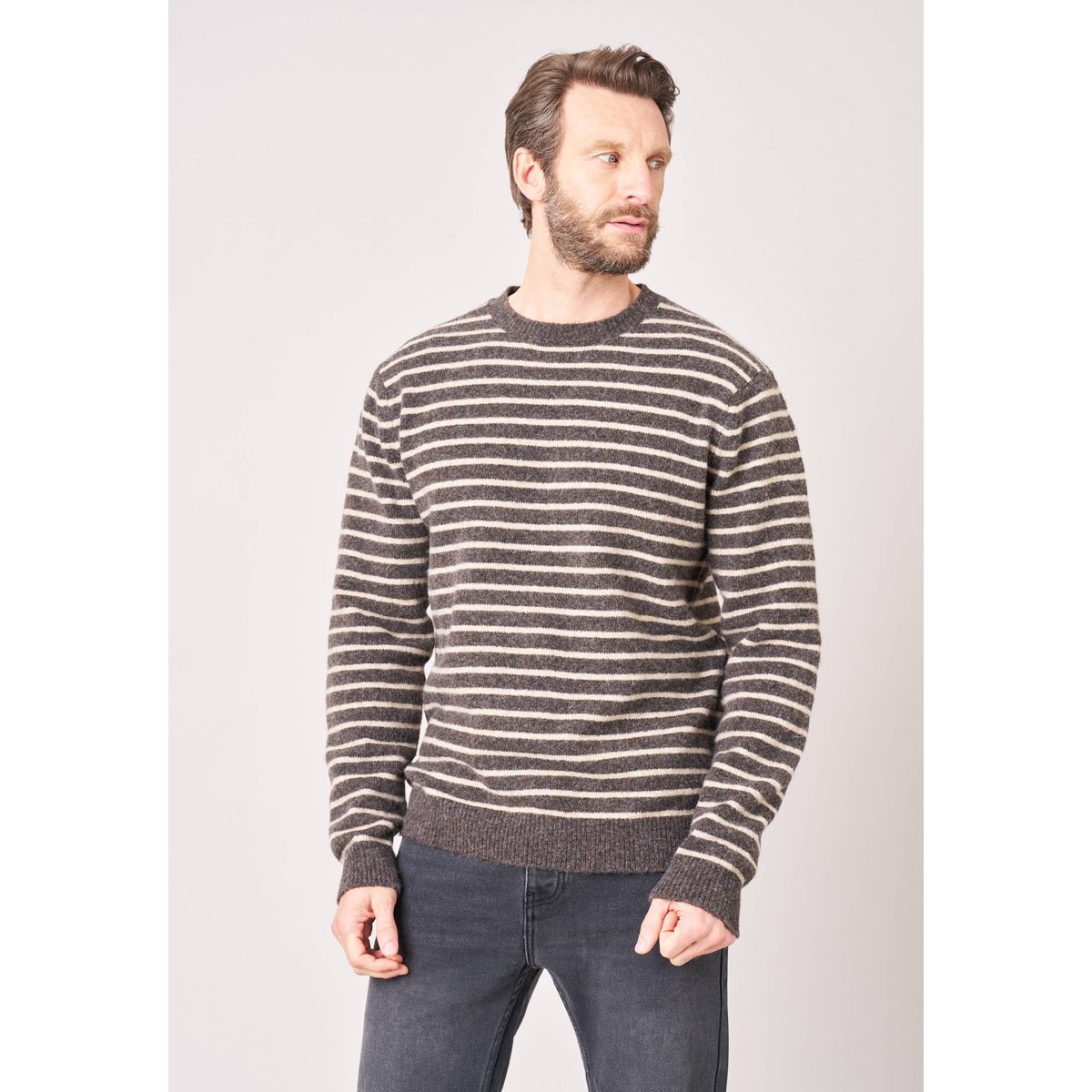 Pull confort homme en maille rayé jacquard RISCOS brown, DEELUXE