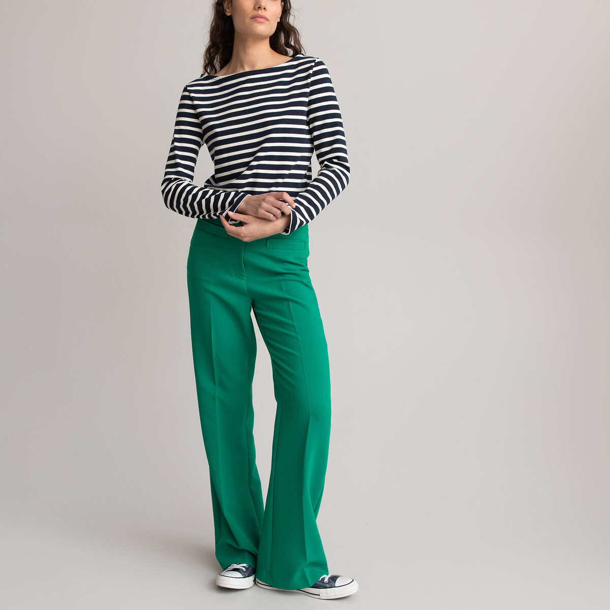 Striped Boat Neck T-Shirt with Long Sleeves navy with ecru stripes, LA REDOUTE COLLECTIONS
