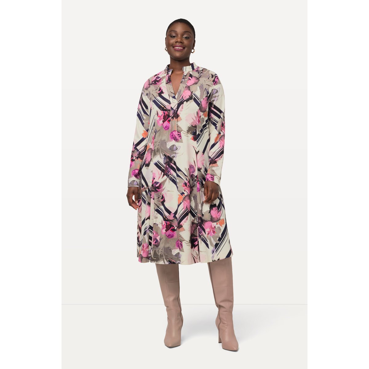 Robe midi à manches longues, col tunisien violet bordeaux, ULLA POPKEN
