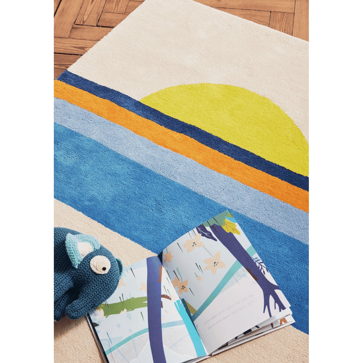 Tapis enfant rectangulaire épais, Coton bio GOTS, SUNSET bleu, BLEUU STUDIO