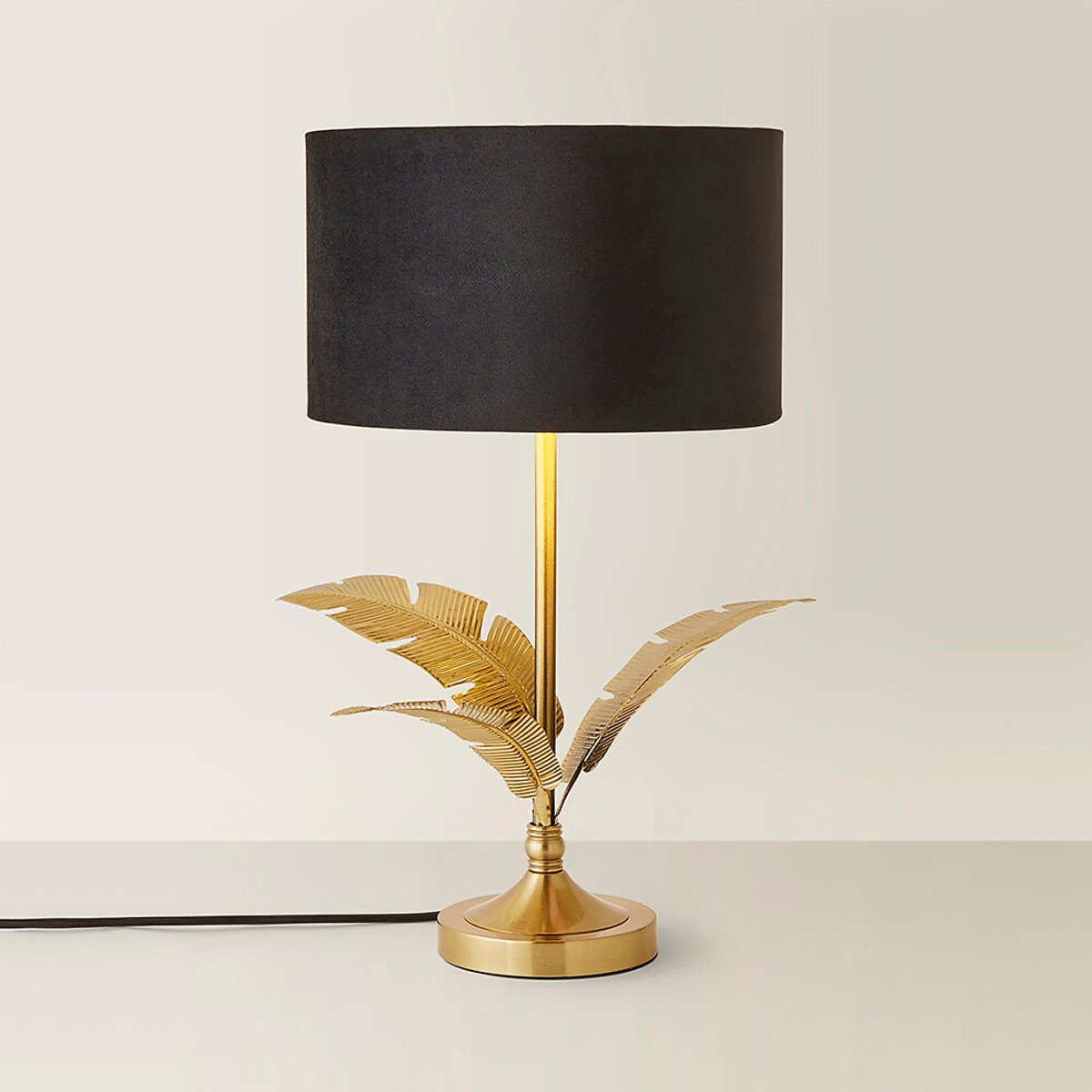 Chrissy Gold Palm Leaf Table Lamp with Velvet Drum Shade black, SO'HOME