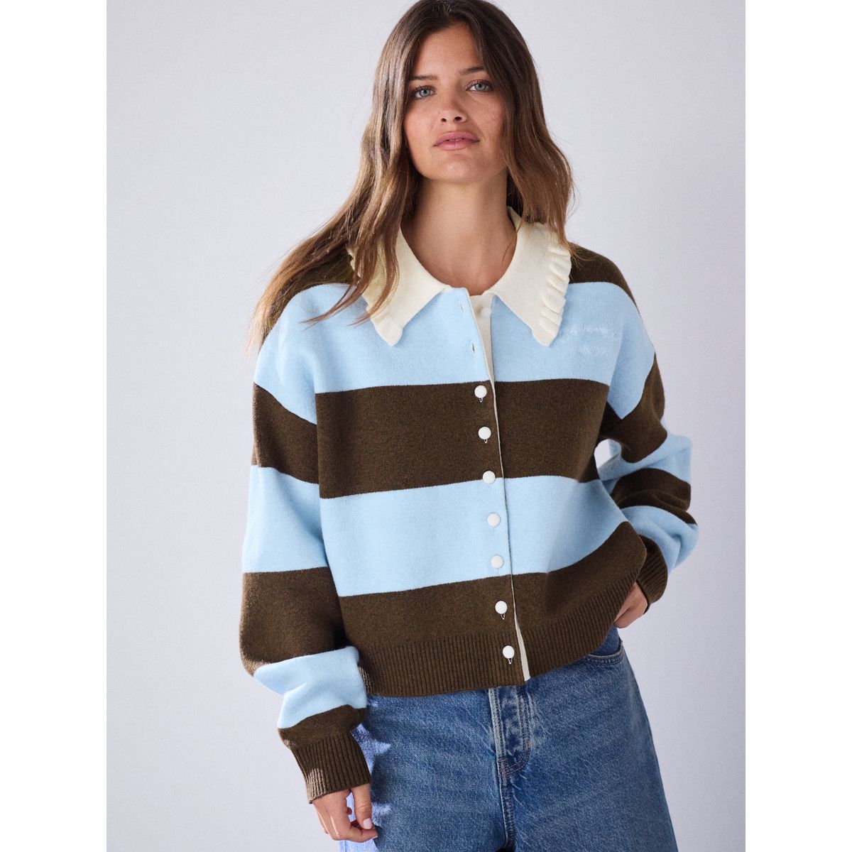 Cardigan style blouson ultra-doux rayures bleues/marron chocolat, NEXT