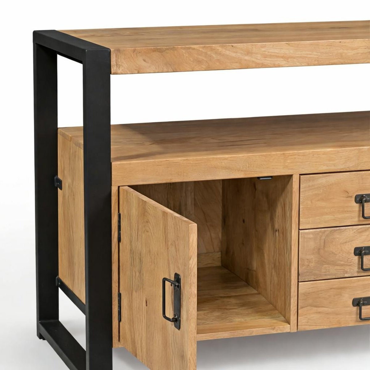 Buffet salon bois clair métal noir 2 portes 3 tiroirs MILORA bois naturel, PIER IMPORT