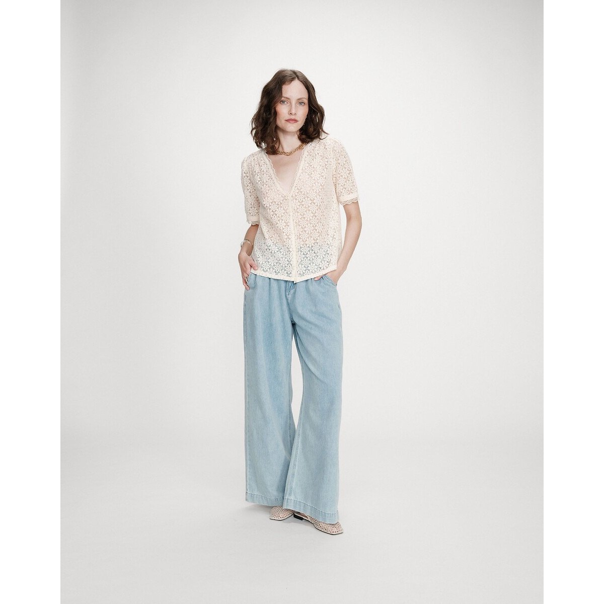 Blusa in pizzo a maniche corte VICKY ecru , GRACE & MILA