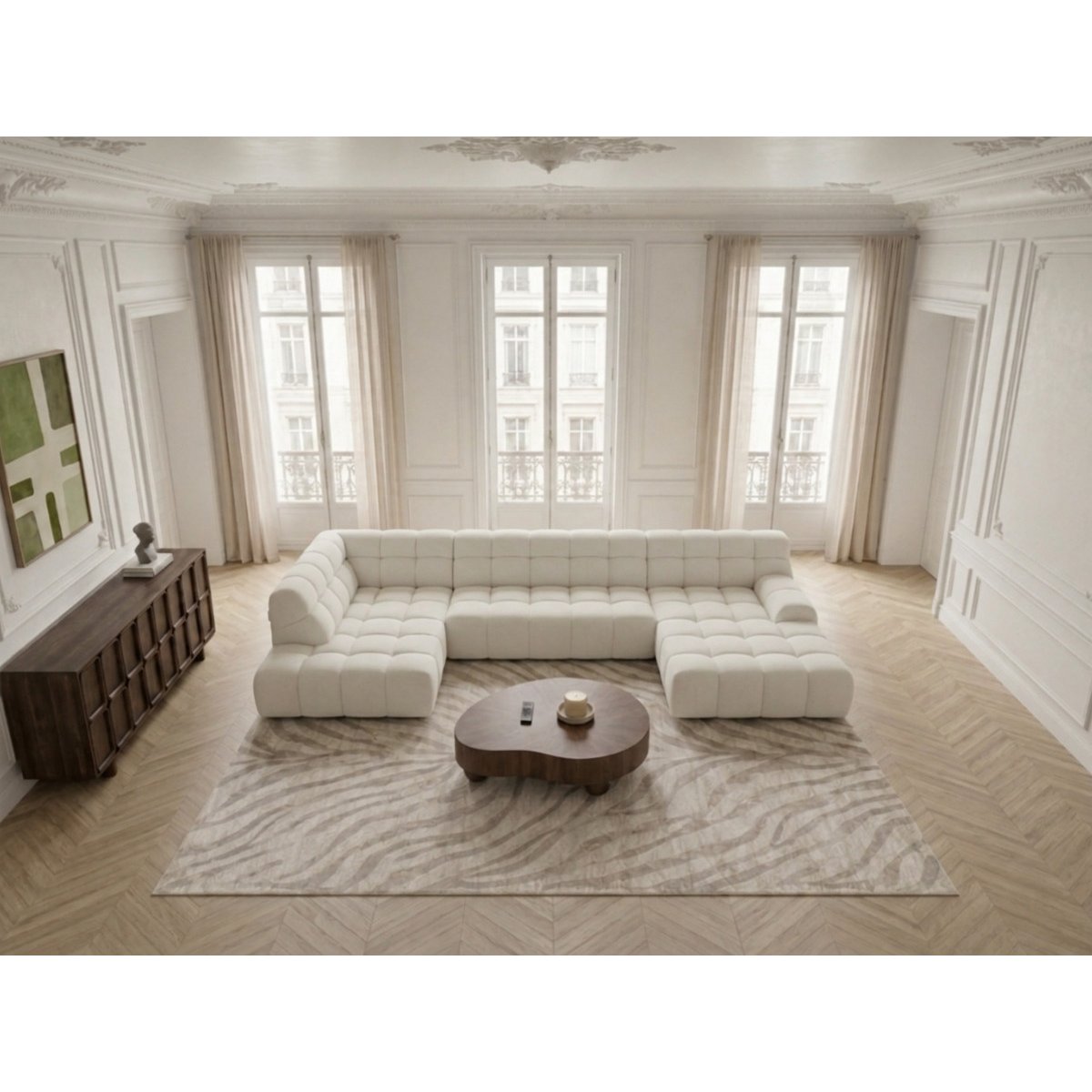 Canapé d'angle convertible 4 places en tissu texturé, ANDRE blanc, BOBOCHIC