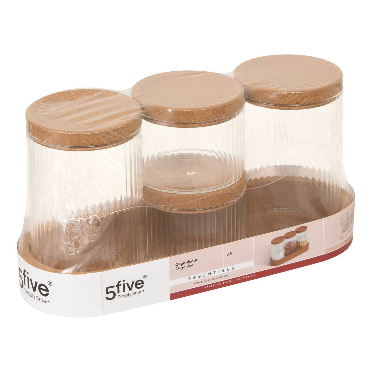Lot de 4 organiseurs en verre avec support liège marron, 5FIVE SIMPLY SMART
