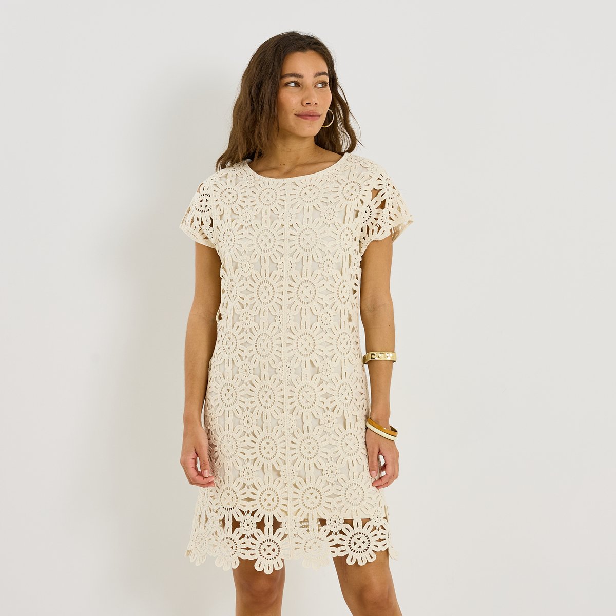 Robe droite courte en crochet blanc cassé ecru, GRAIN DE MALICE