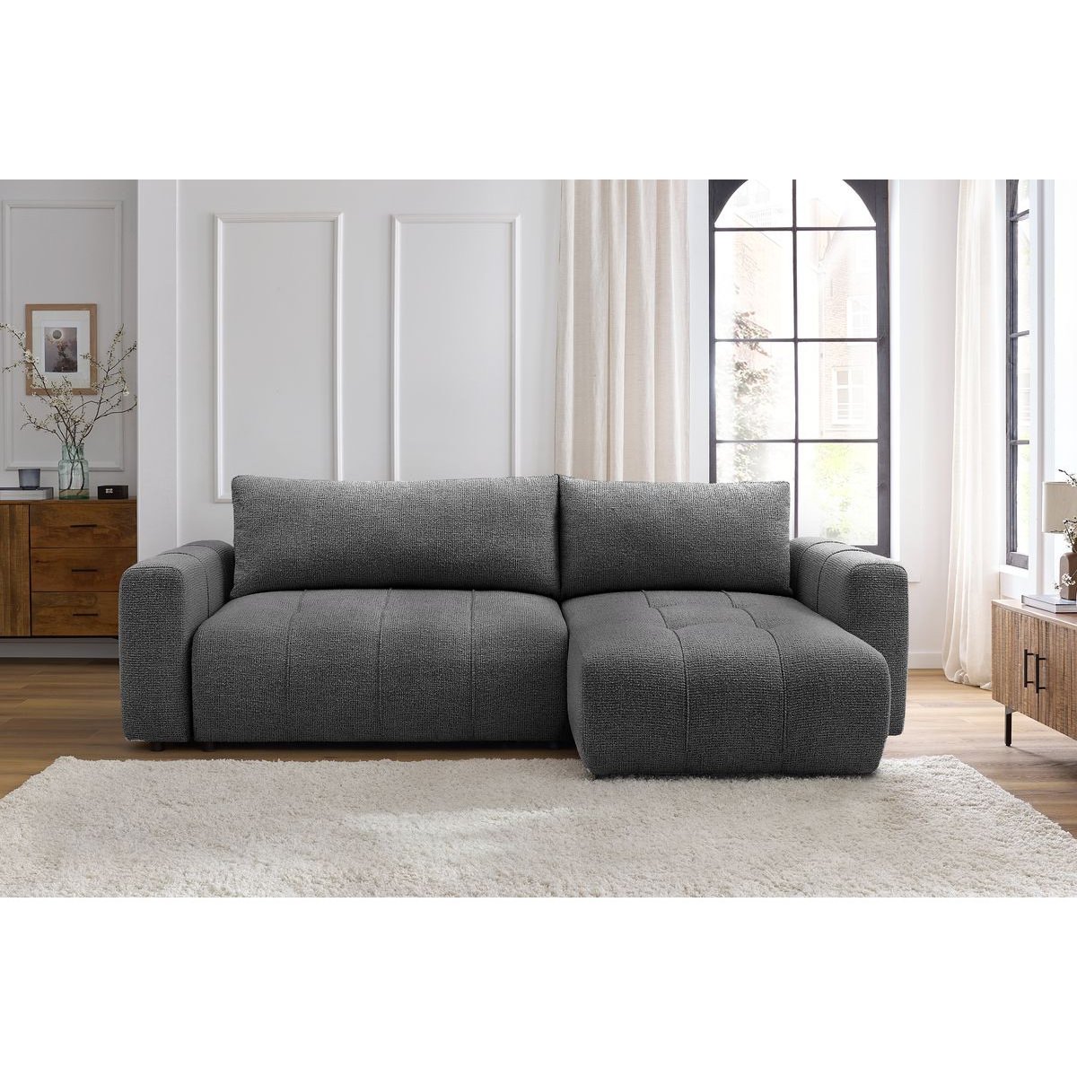 Canapé d'angle convertible 3 places en tissu chiné, ARSENE gris foncé, BOBOCHIC