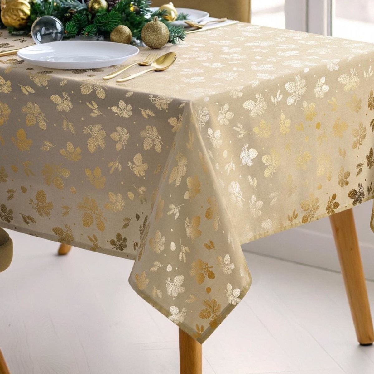 Nappe Rectangulaire 150x300 Imprimé Doré Pomme De Pin beige, DECORATIE
