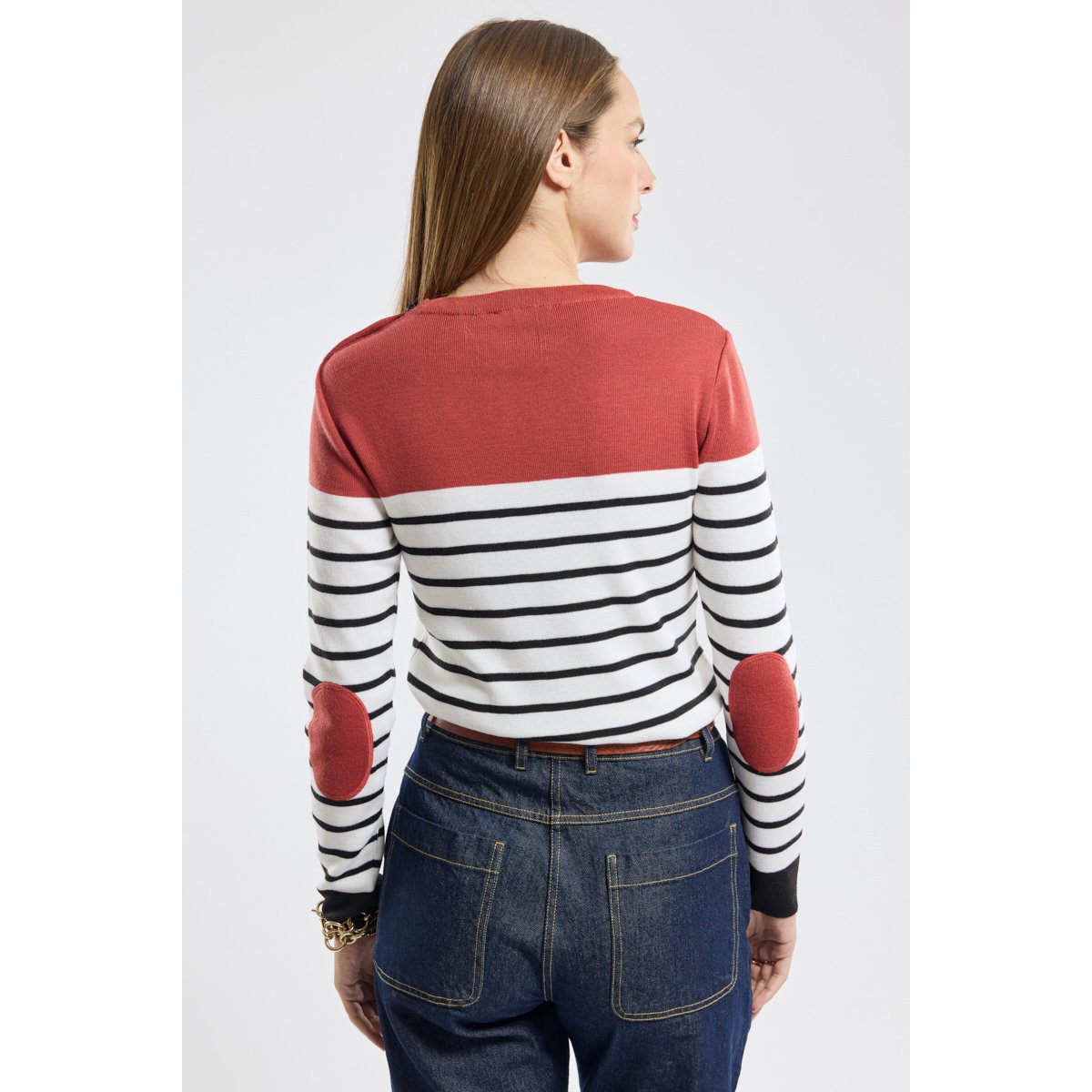 Pull marin avec coudières en laine noir/nature/passata, ARMOR-LUX