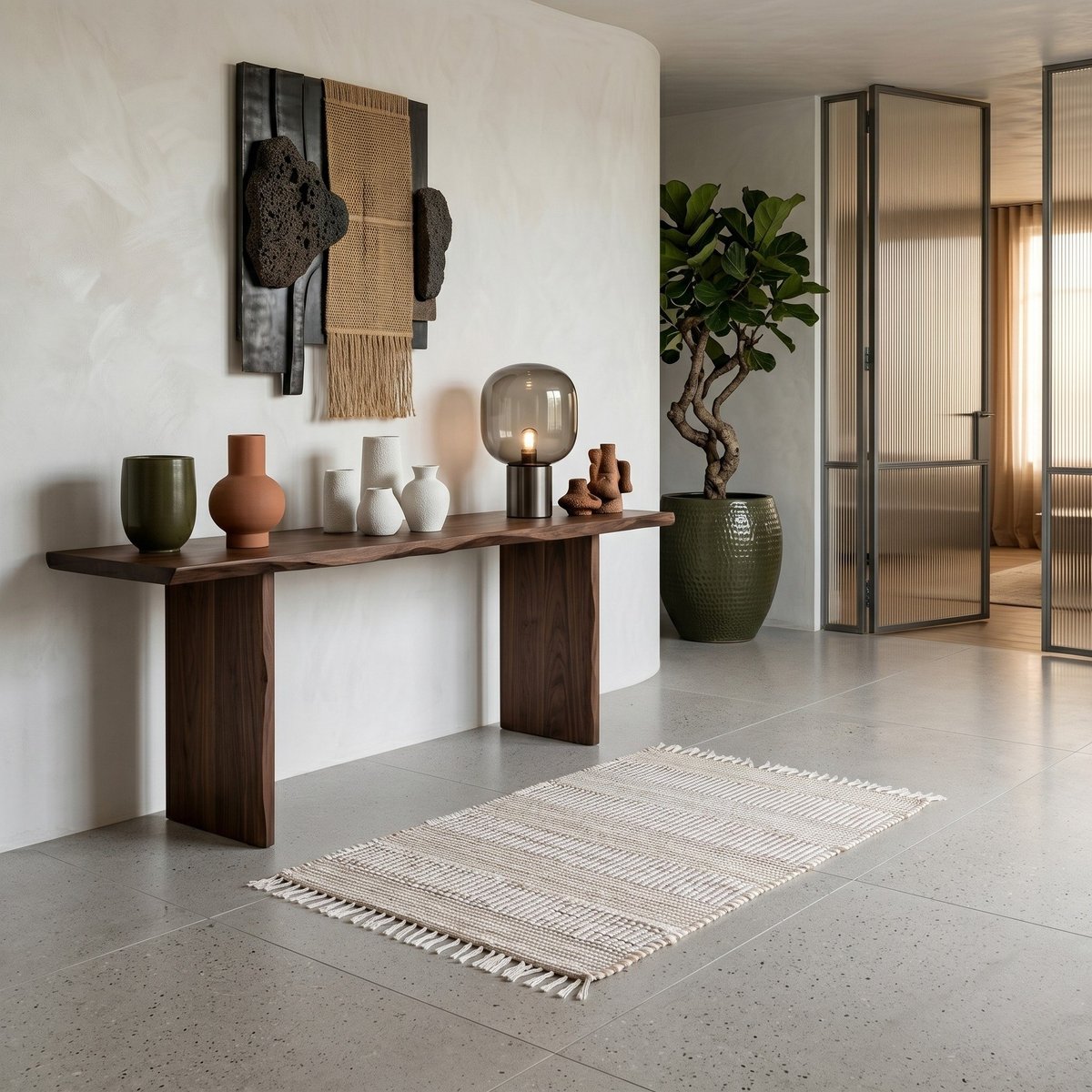 Tapis à franges en coton et jute motif rayé TOFOU blanc naturel, THE DECO FACTORY