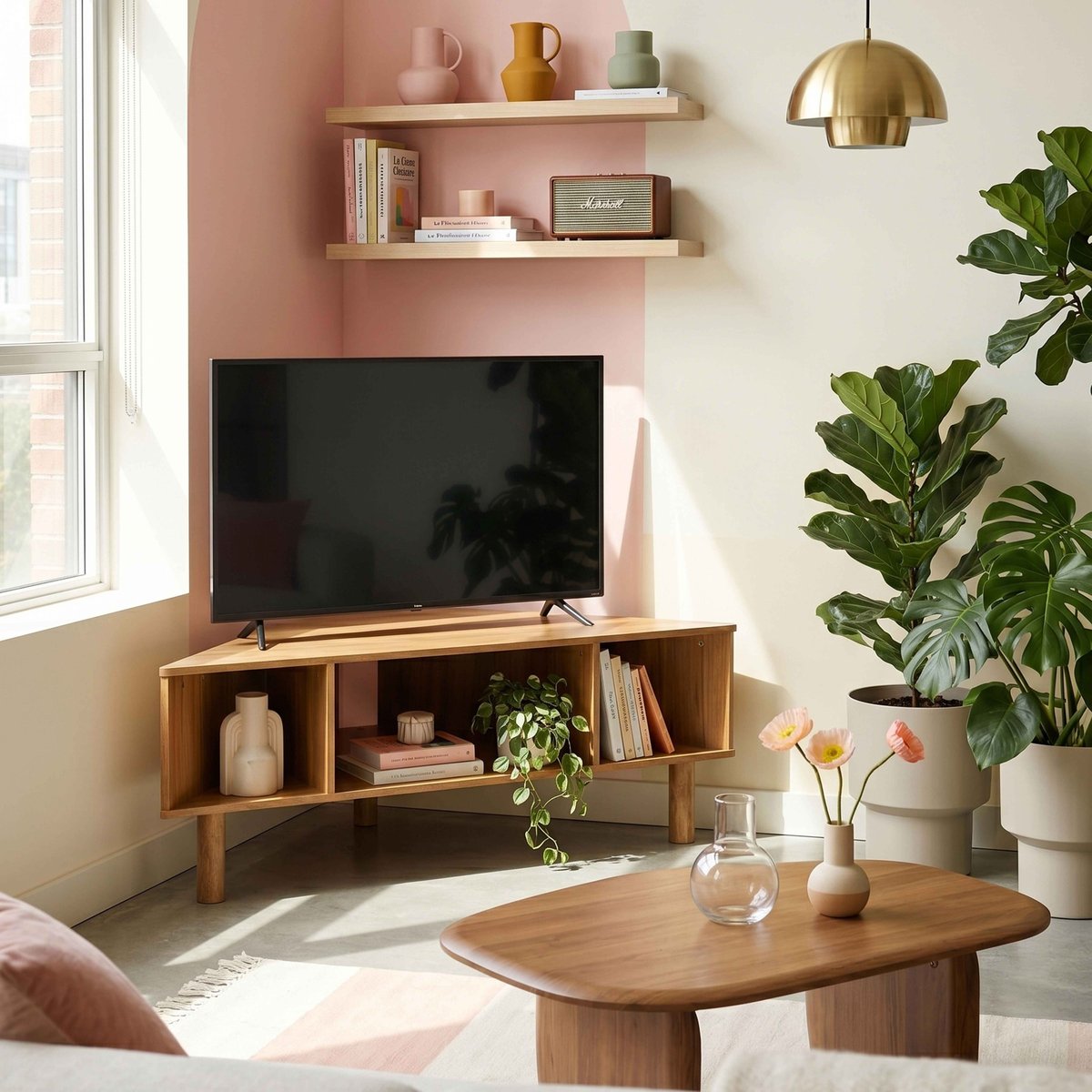 Meuble TV effet bois 120 cm style scandinave, BRADY bois clair, OVIALA