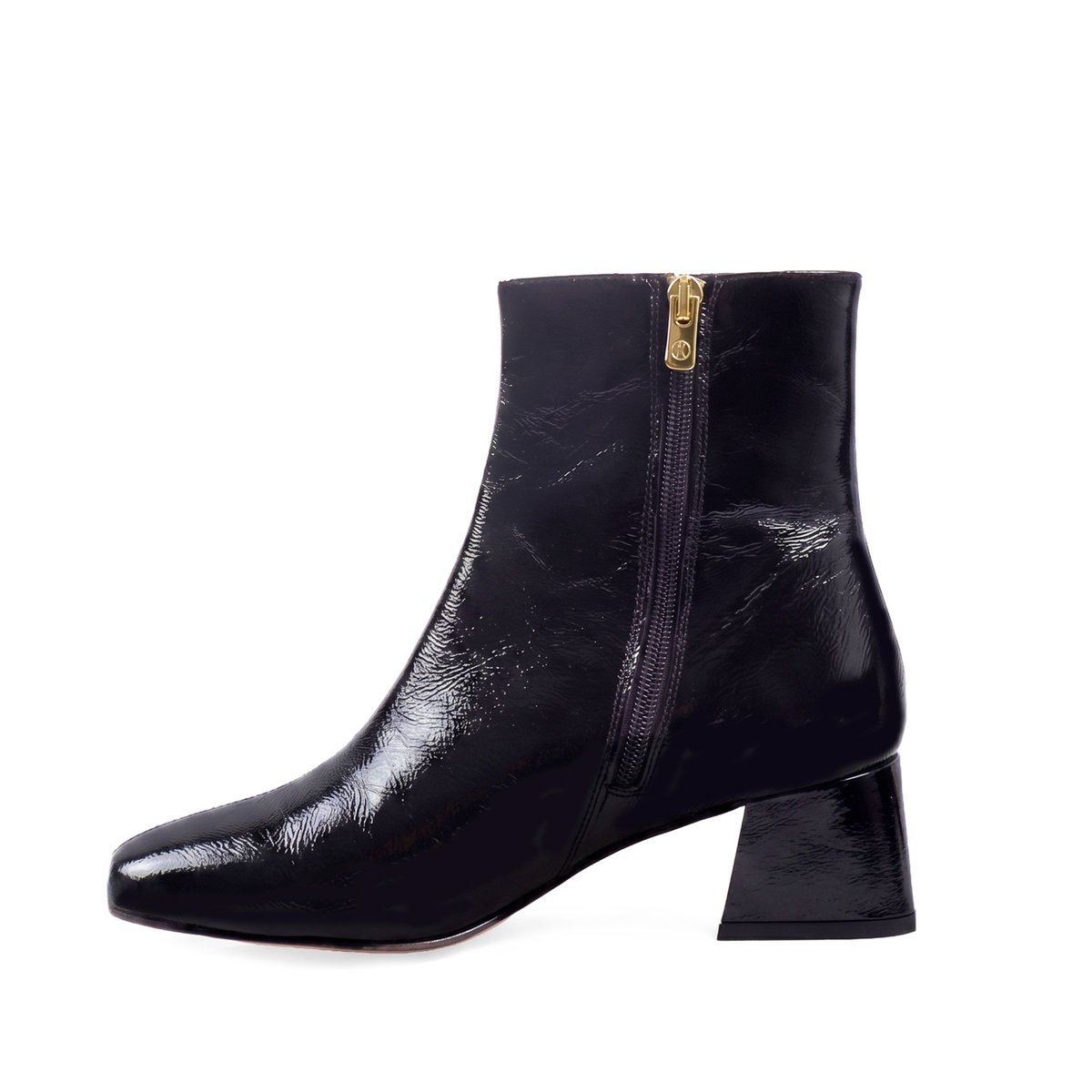 Bottines moyen talon carré Diane cuir vernis noir, JULES & JENN