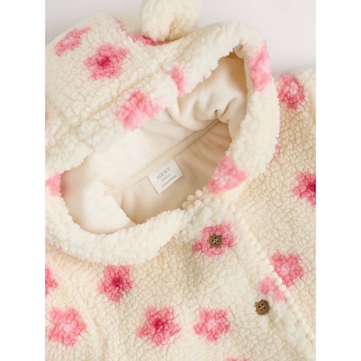 Veste à capuche bébé imitation peau de mouton floral écru et rose, NEXT