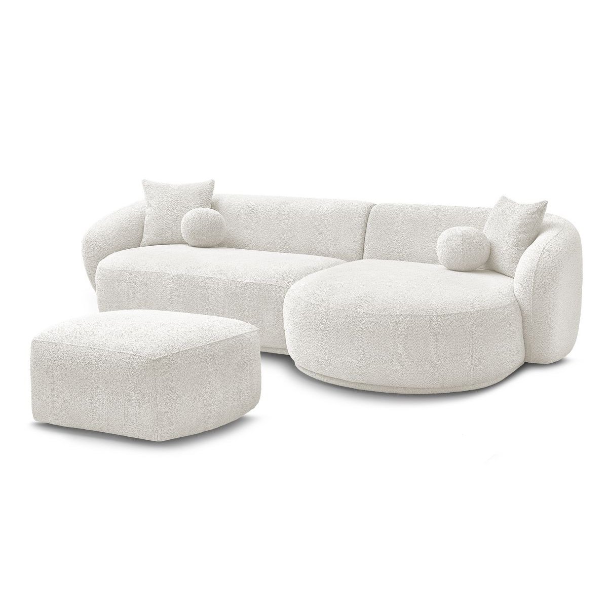 Canapé d'angle fixe 4 places en tissu bouclette avec pouf, ASHLEY blanc, BOBOCHIC