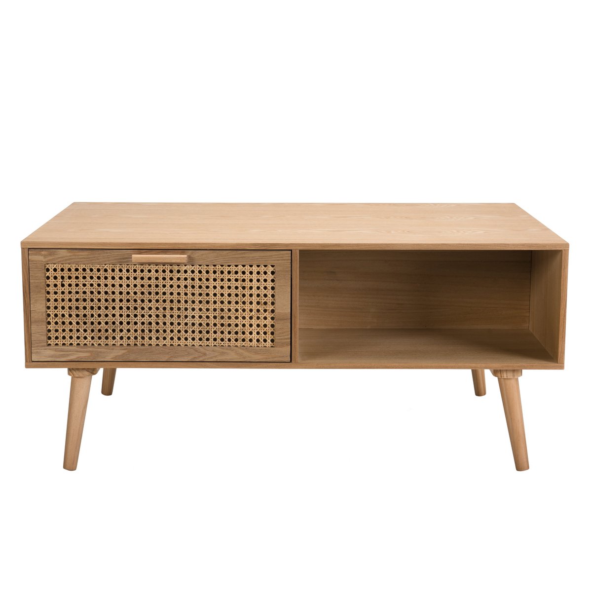 Table basse 100x60cm en bois et tiroir cannage en rotin style vintage PALMA bois naturel, PIER IMPORT